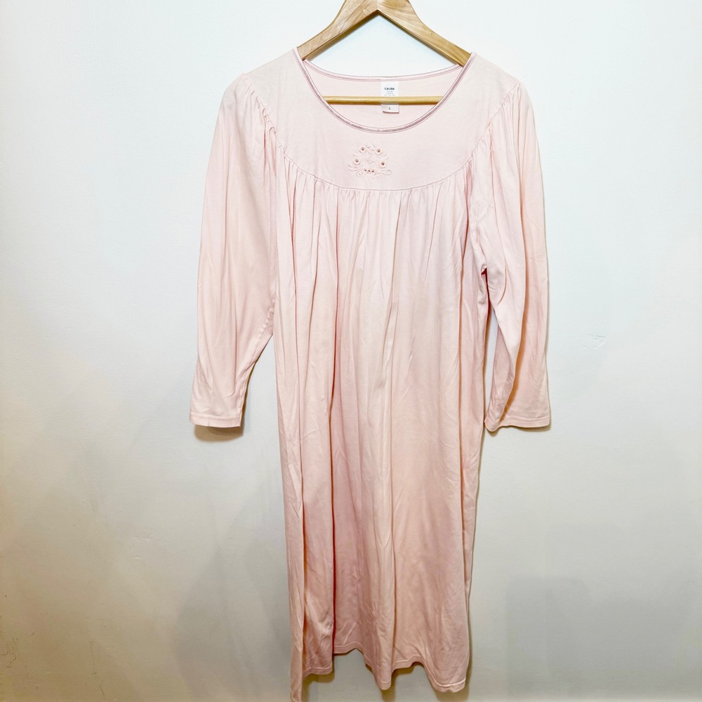 Calida Nightgown Womens L Pink 100% Cotton Floral Embroidered Long Sleeve Luxury